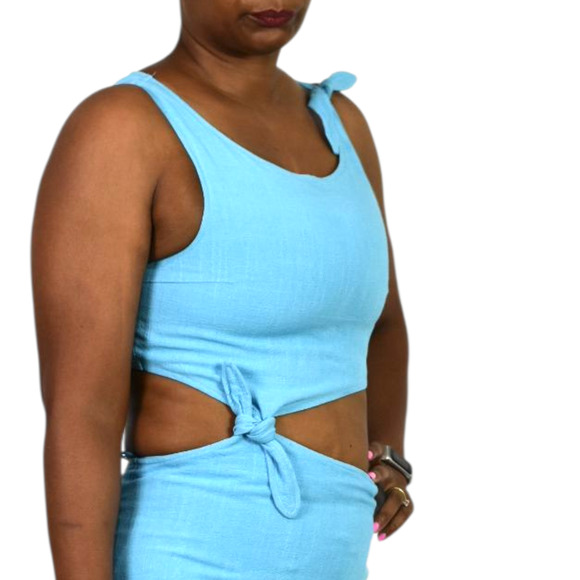 Sundays Tie Shoulder Midi Dress Blue Cutouts Midriff Hemp Slit Two Piece Small - Picture 4 of 12